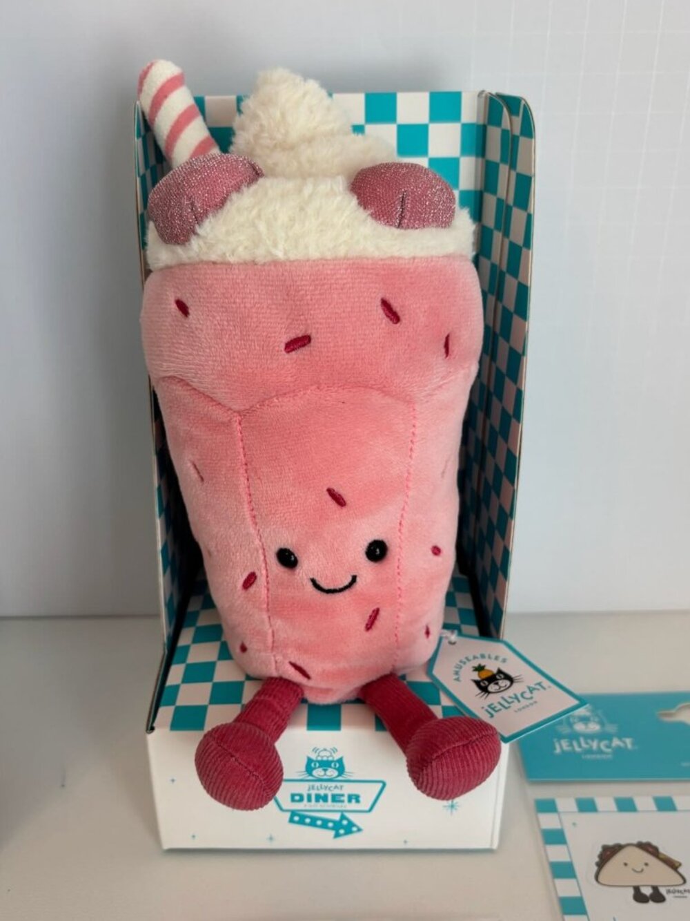 NWT Jellycat diner FAO Schwarz exclusive Bubbeca Milkshake w/tote, pin, stickers